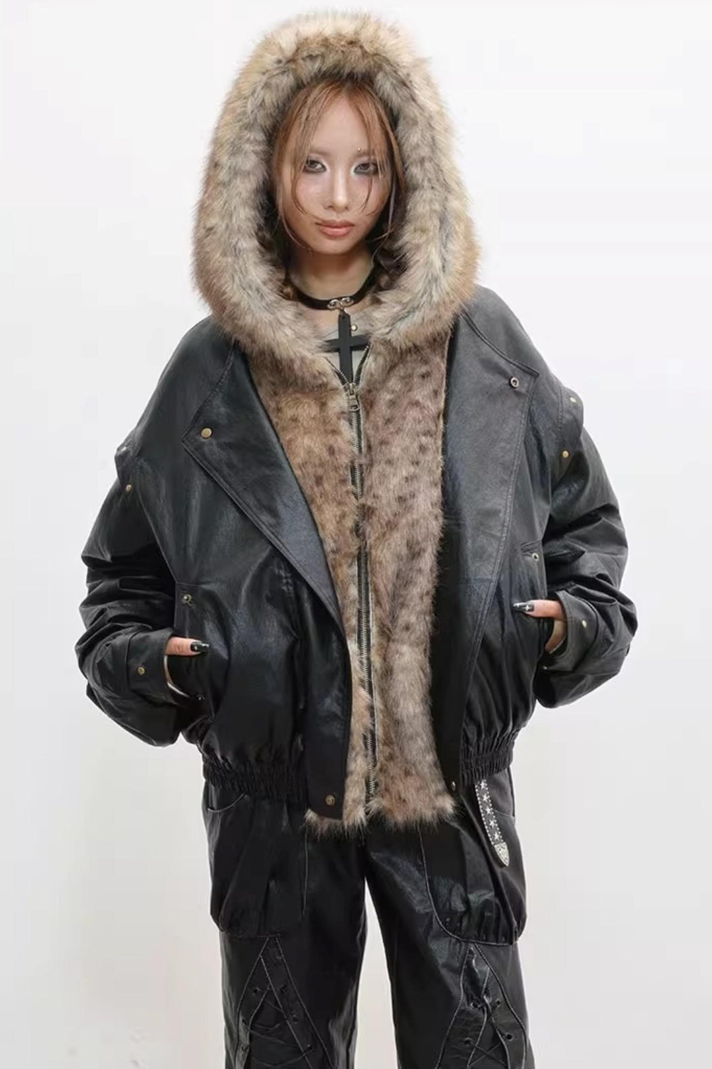 Invisible Fur Patchwork Leather Jacket