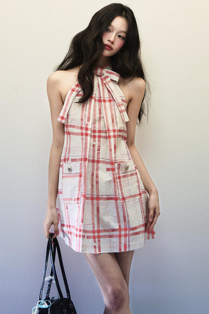 Chic Red Plaid Bow-Detail Sleeveless Dress