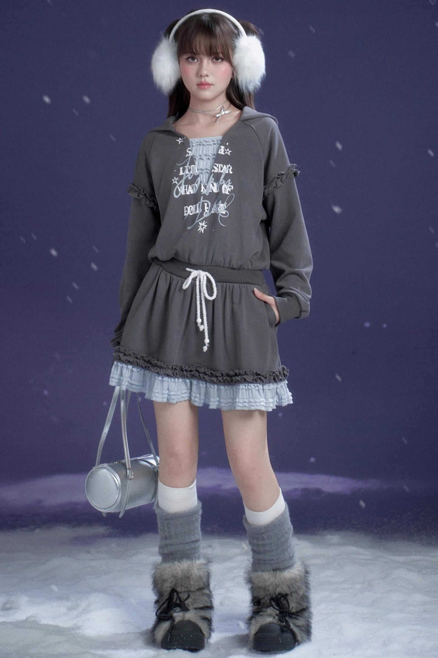 Gray-Blue Hooded Sweatshirt Dress