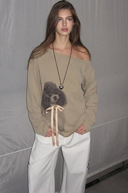 Khaki Bow knot Off-Shoulder T-Shirt