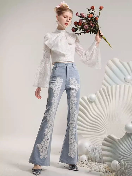 Heavy Lace Flower Waisted Slim Flared Pants