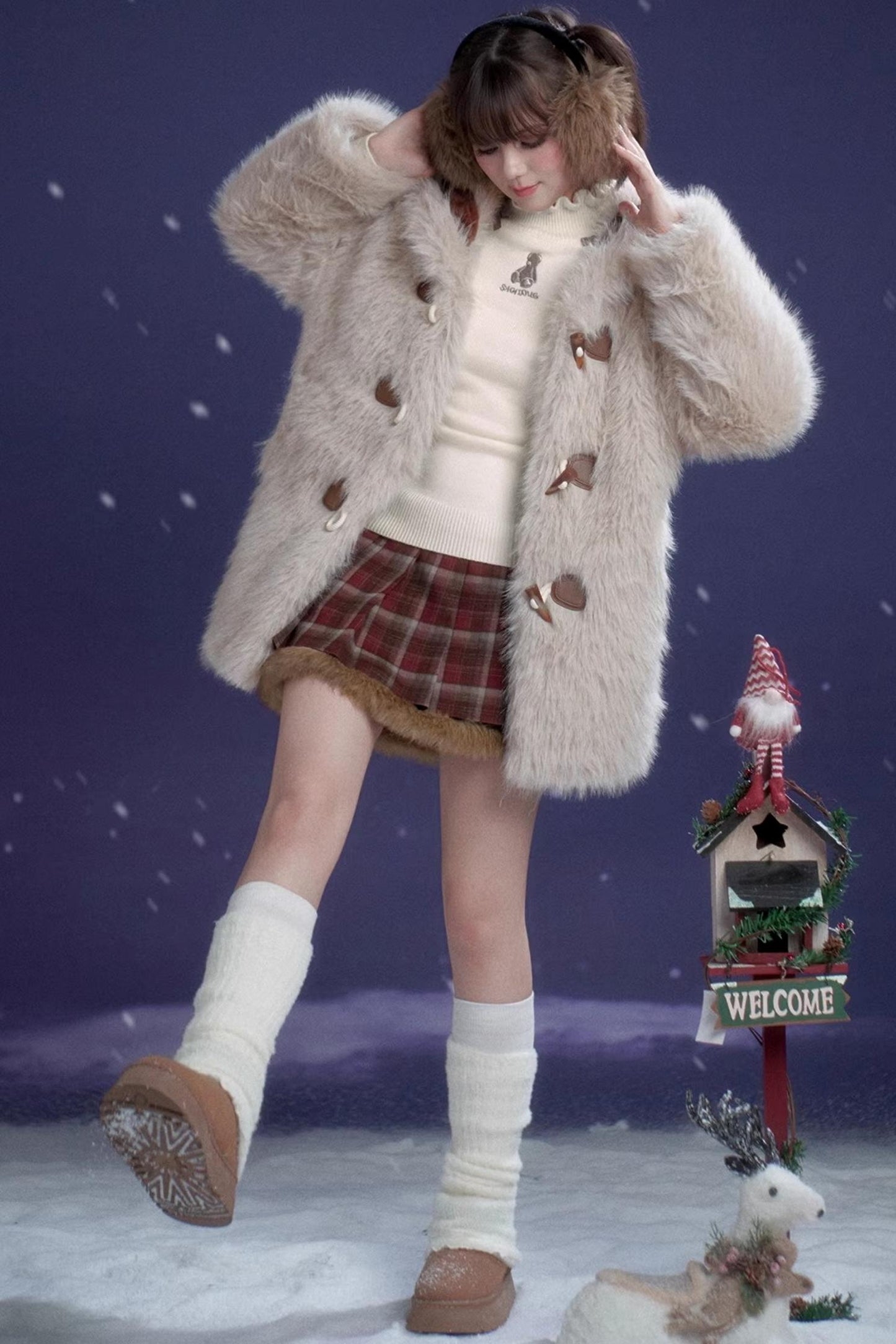 Sweet Red-Brown Plaid Skirt Set-Up