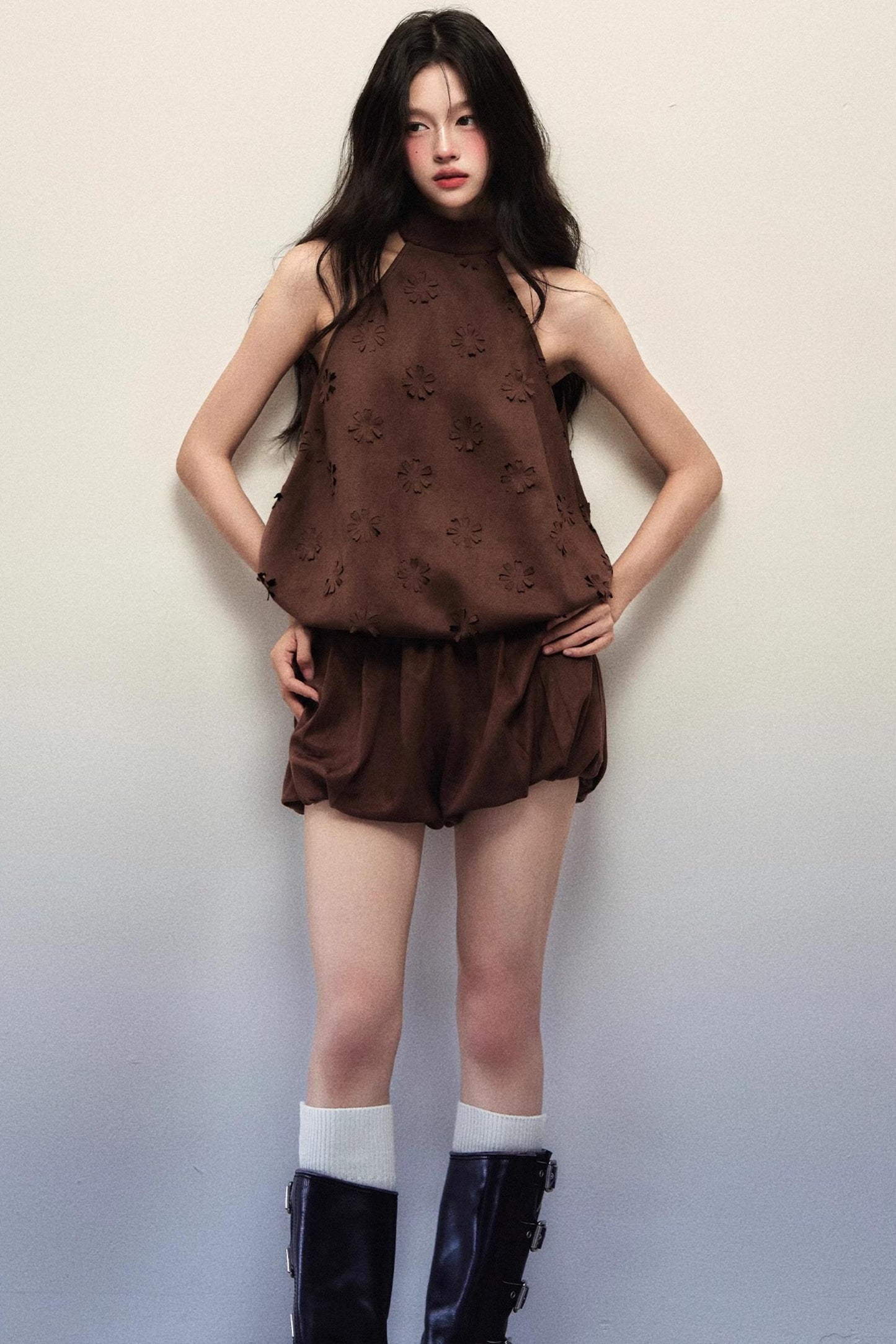 Reddish-Brown Suede Flower Halterneck Two-Piece Set-Up