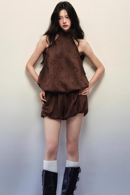 Reddish-Brown Suede Flower Halterneck Two-Piece Set-Up