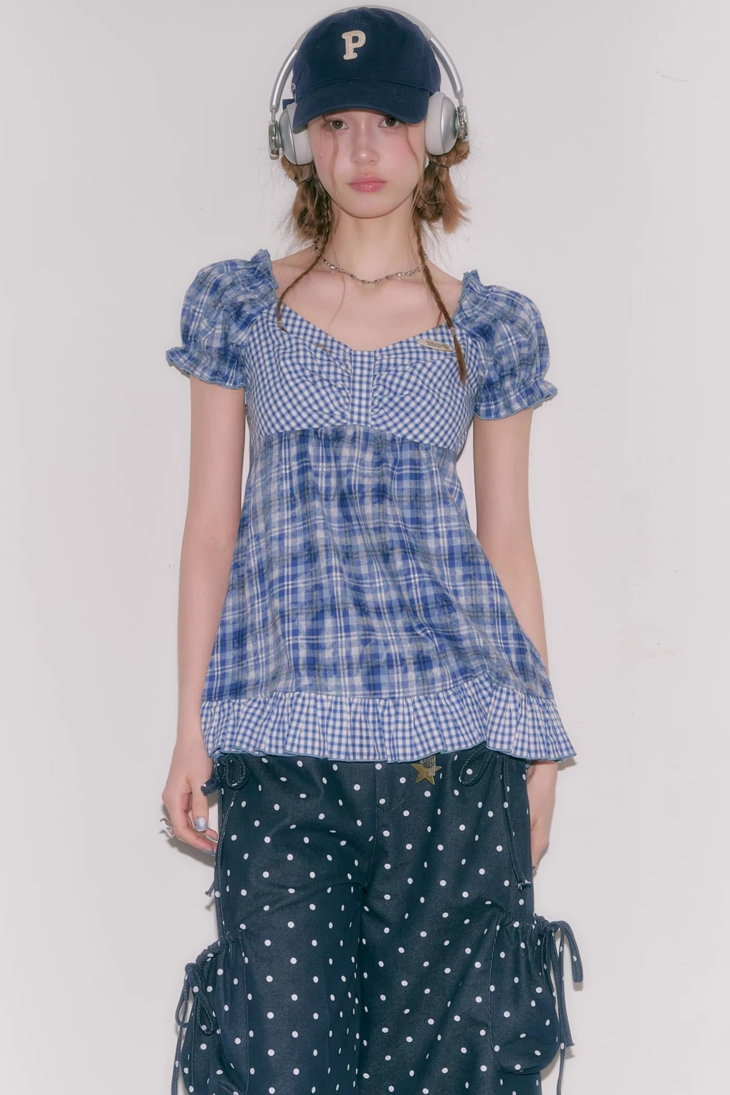 Checkered Plaid Puff Sleeve T-Shirt