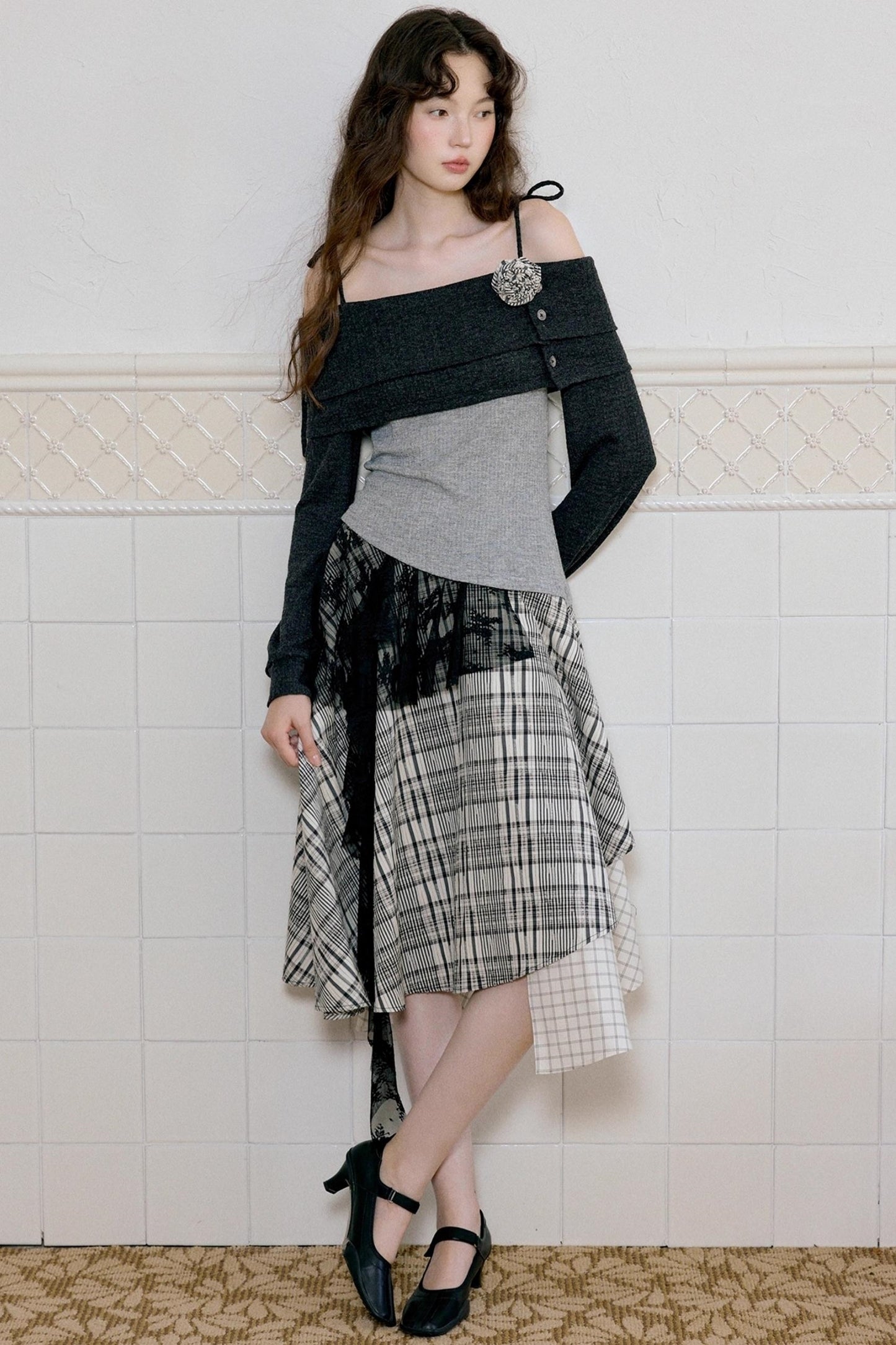 Camisole Knit Top Plaid Skirt Set-Up
