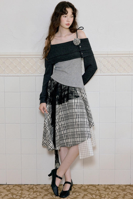 Camisole Knit Top Plaid Skirt Set-Up