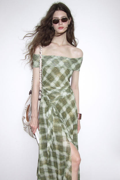 Mesh Check One-Shoulder Dress