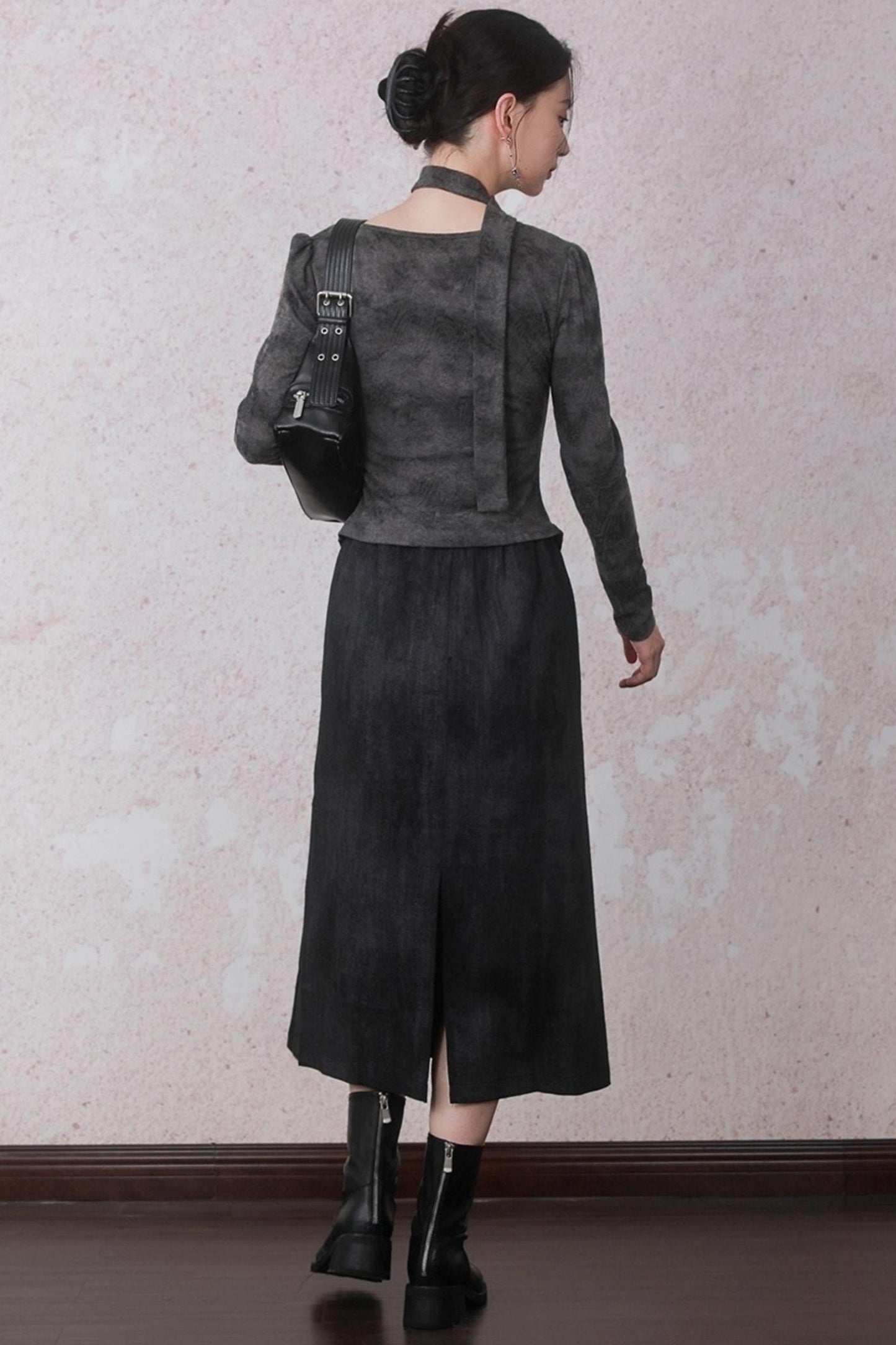 Autumn Gray Tie-dye Knitted V-Neck T-Shirt