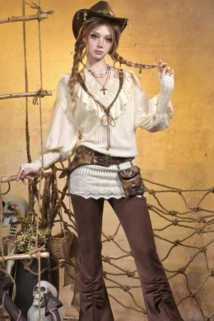 Lace Vintage Distressed Overalls Bib Pants