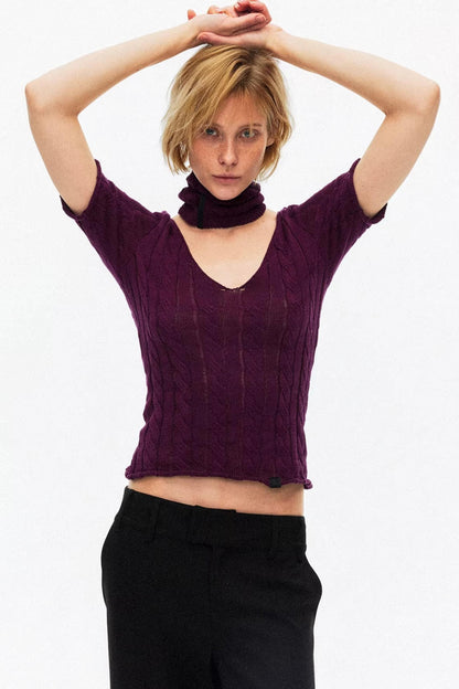 Modern purple hollow-out knit top with built-in choker for Y2K style