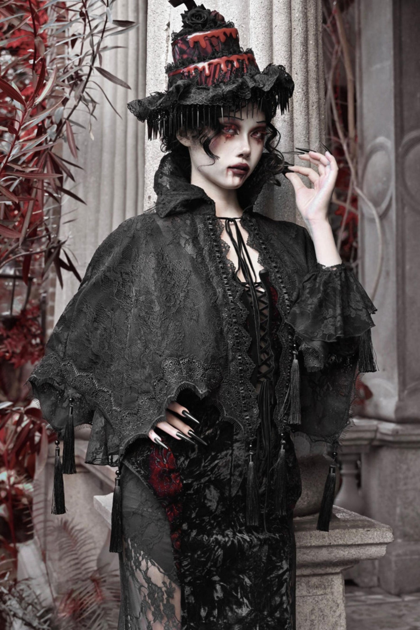 Crimson Blood Gothic Lace Cape Set-Up