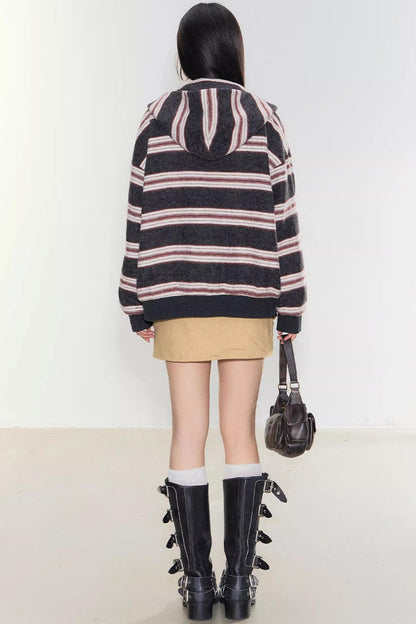 Gestreifte Kapuzen-Cardigan-Jacke