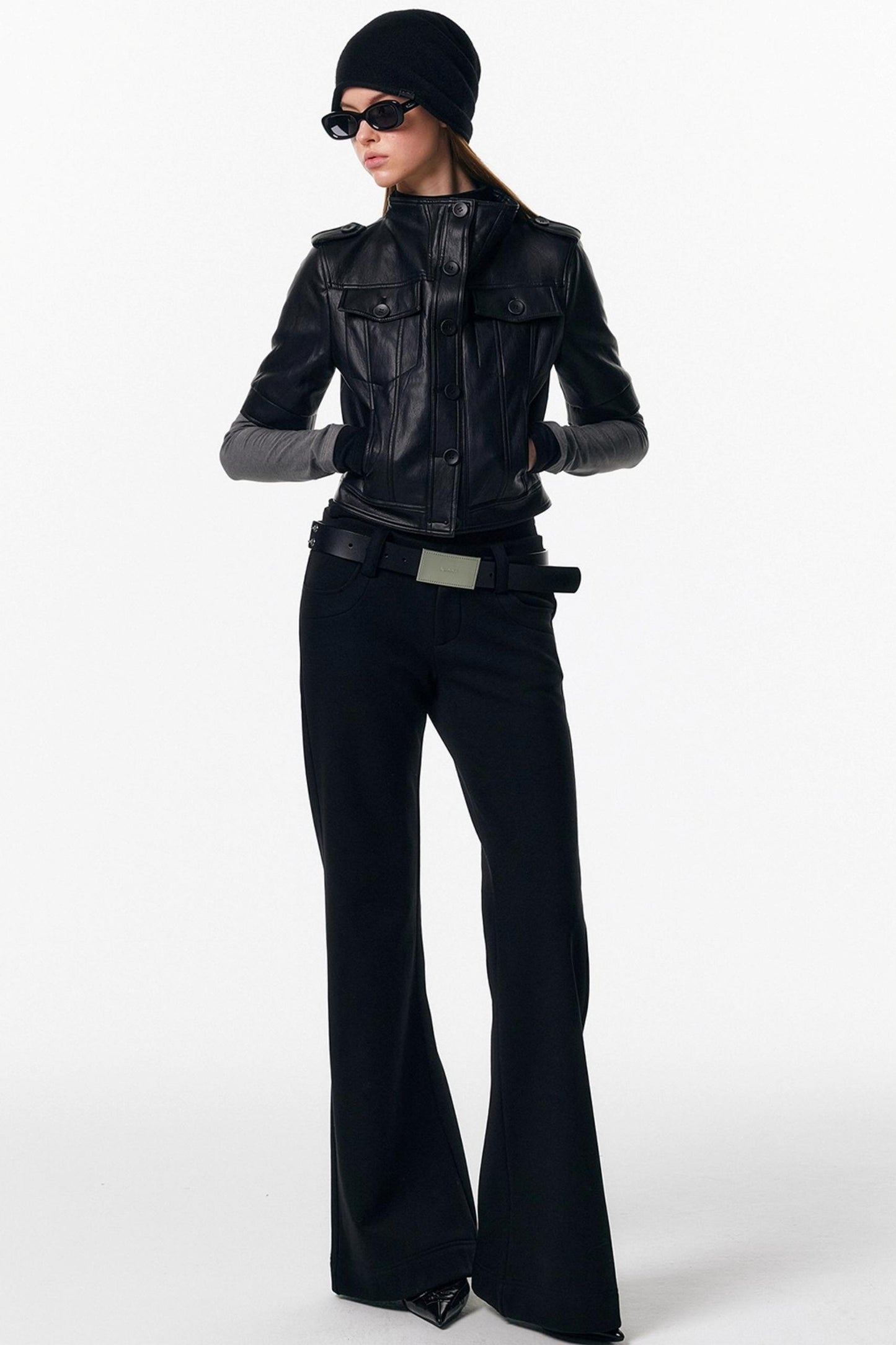 Leather Mid-Sleeve Slim Jacket