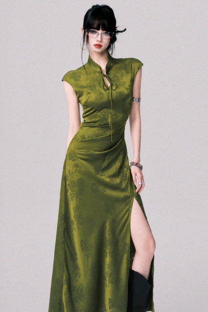 Vintage Moss Green Jacquard Cheongsam Dress