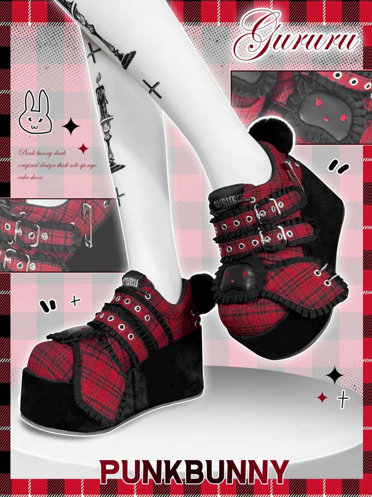 Y2K Black Rabbit Plaid Platform Shoes