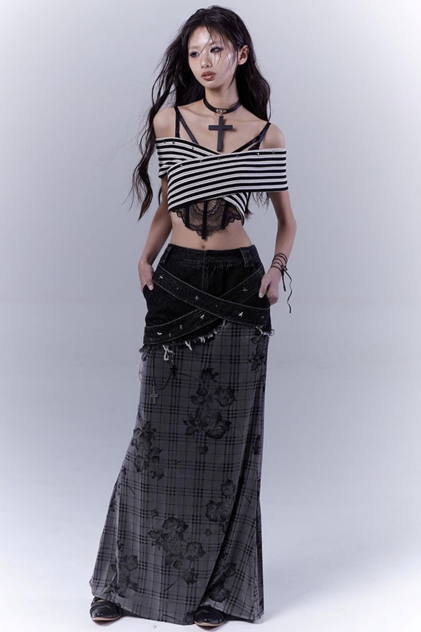 Rose Checkered Denim Skirt