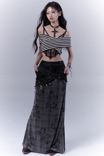 Rose Checkered Denim Skirt