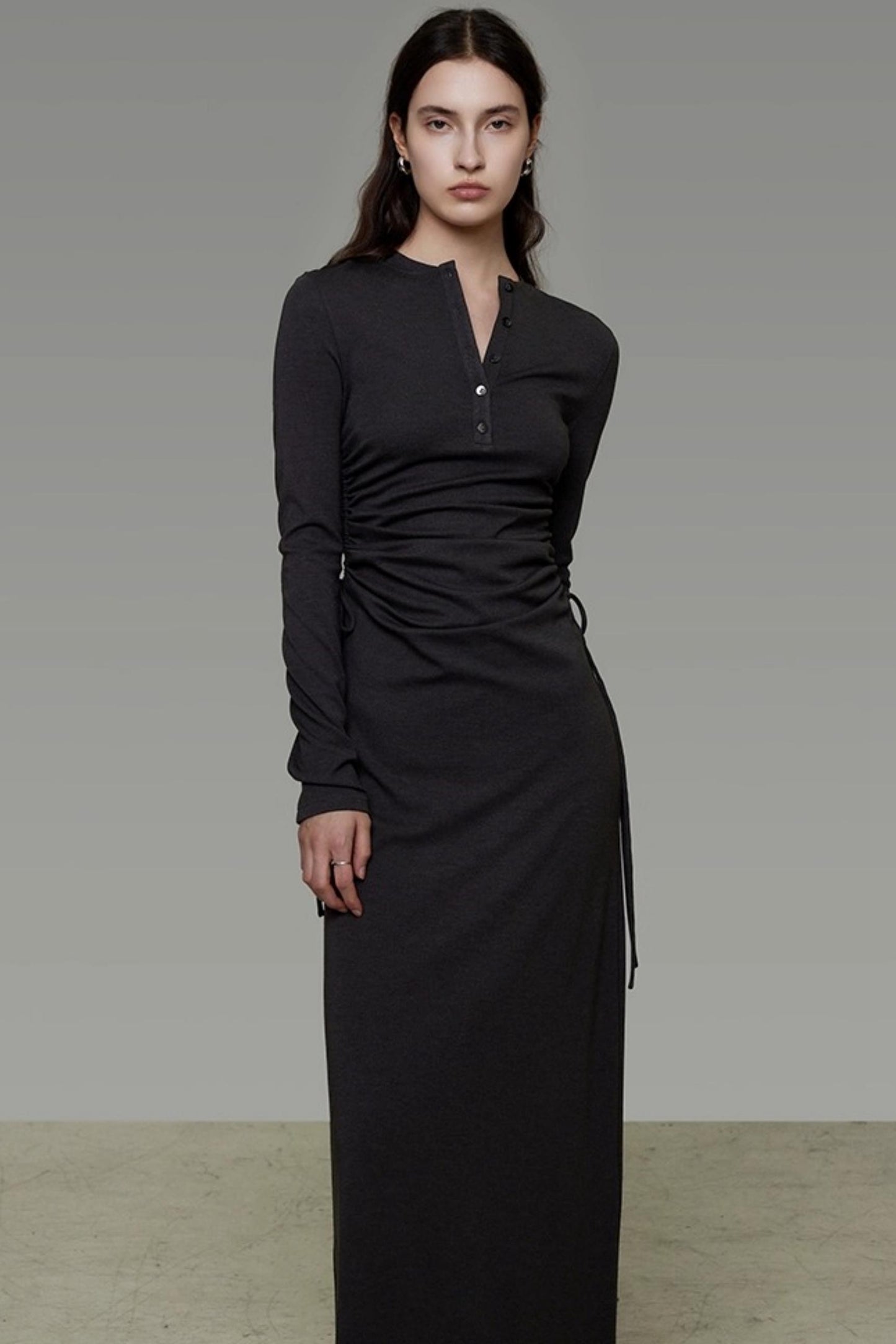 Pleated Long-Sleeve Dress
