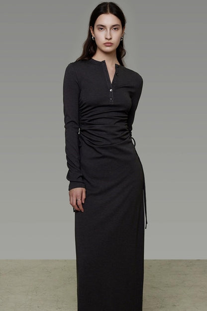 Pleated Long-Sleeve Dress
