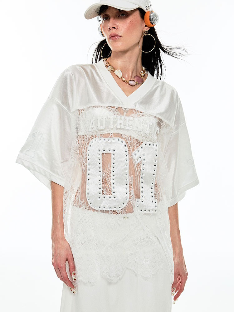 Rhinestone Sheer Lace Uniform T-Shirt