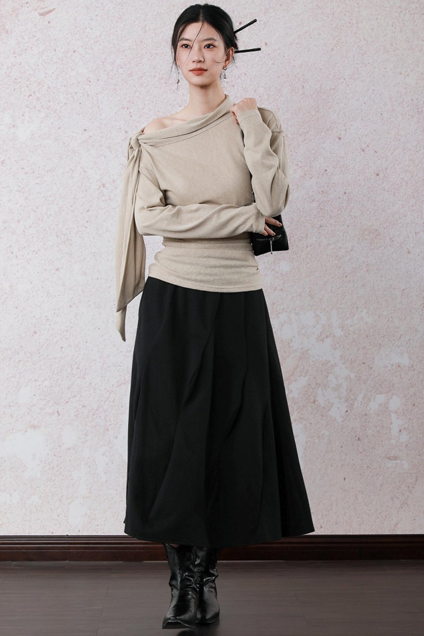 Milk Tea Long Sleeve One-Shoulder Top