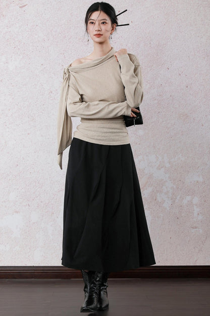 Milk Tea Long Sleeve One-Shoulder Top