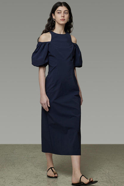 Navy Slim Bubble Sleeve Maxi Dress
