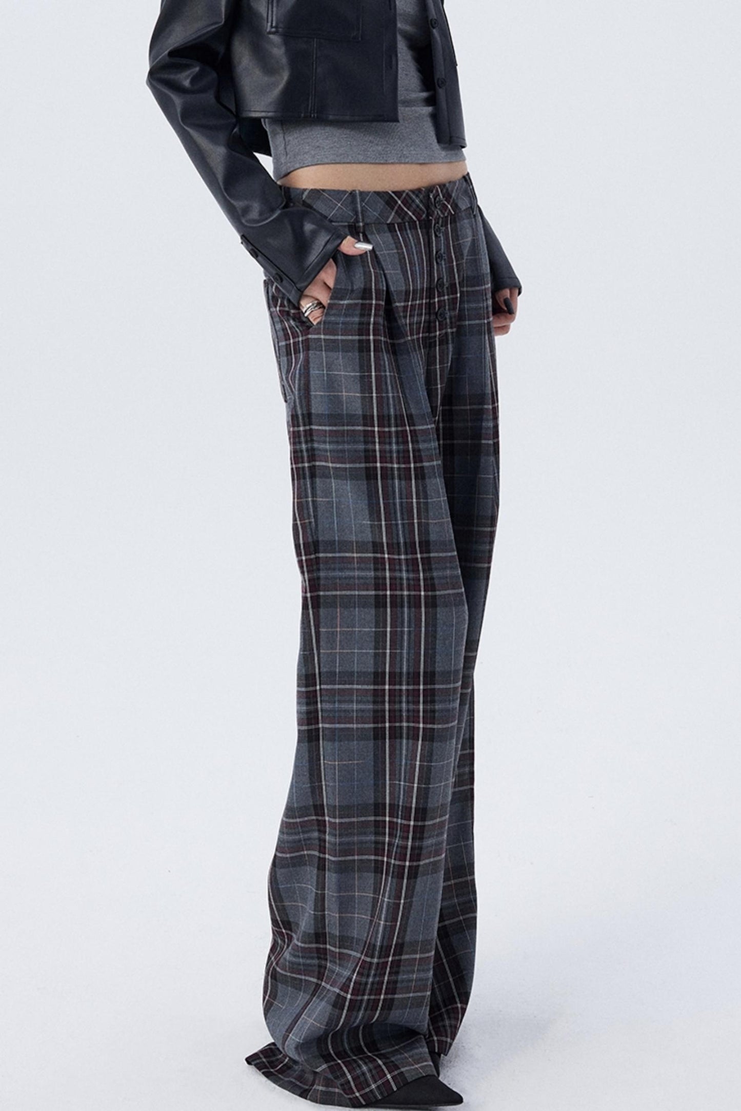 Check Pleated Wide-Leg Trousers