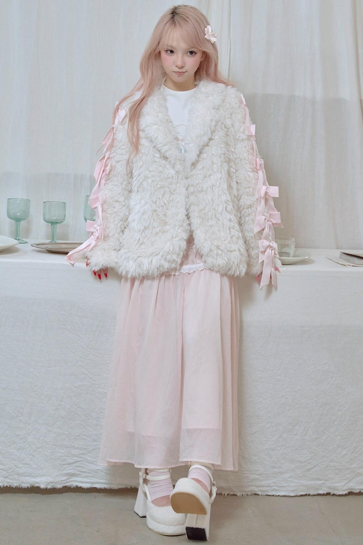 White Satin Bow Lamb Fur Coat