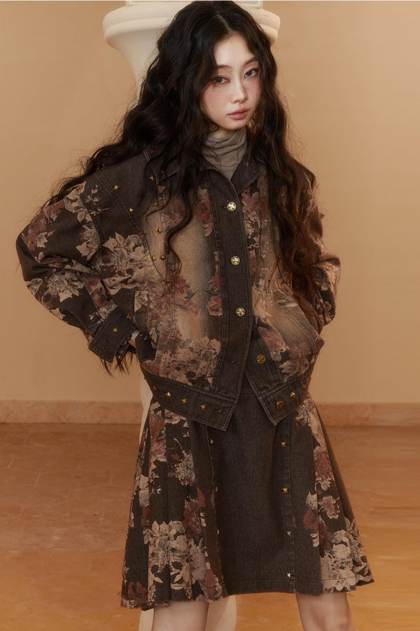 Brown Denim Suit Jacket With Skirt Set-Up