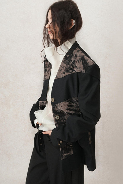 Velvet Panel V-neck Coat With Scarf Set-Up