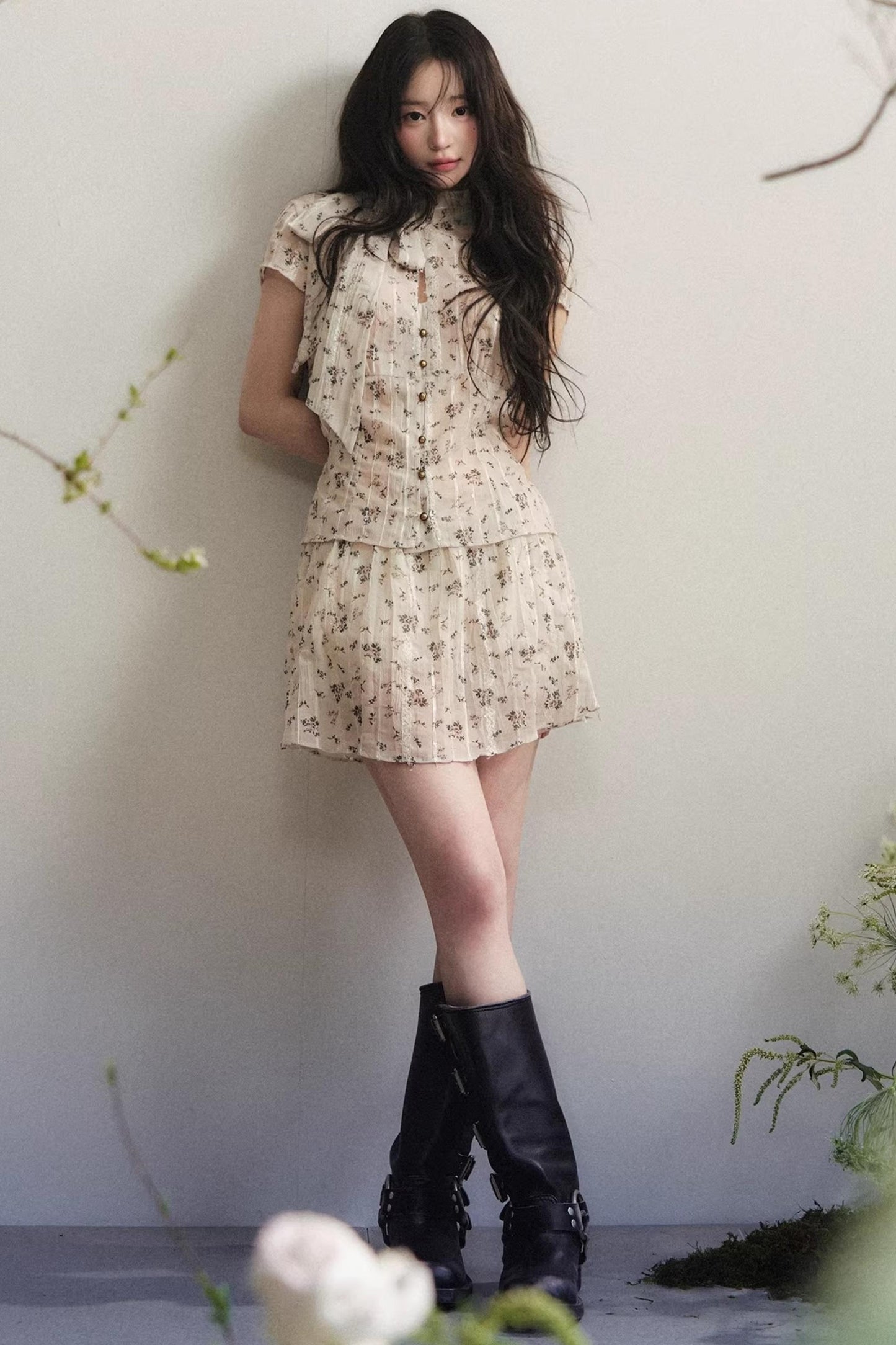 Beige Floral Chiffon Suit Set-Up