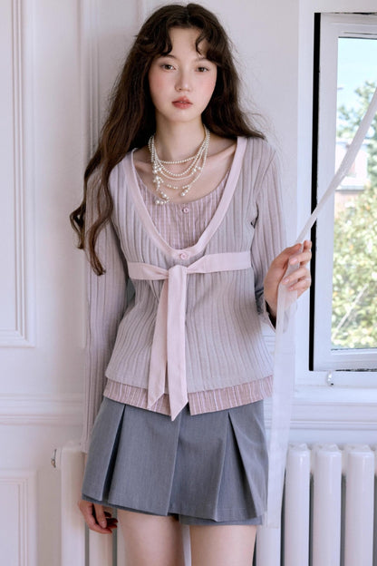 Fake Two-Piece Knitted Shirt Top