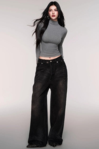 Washed High-Waisted Wide-Leg Jeans