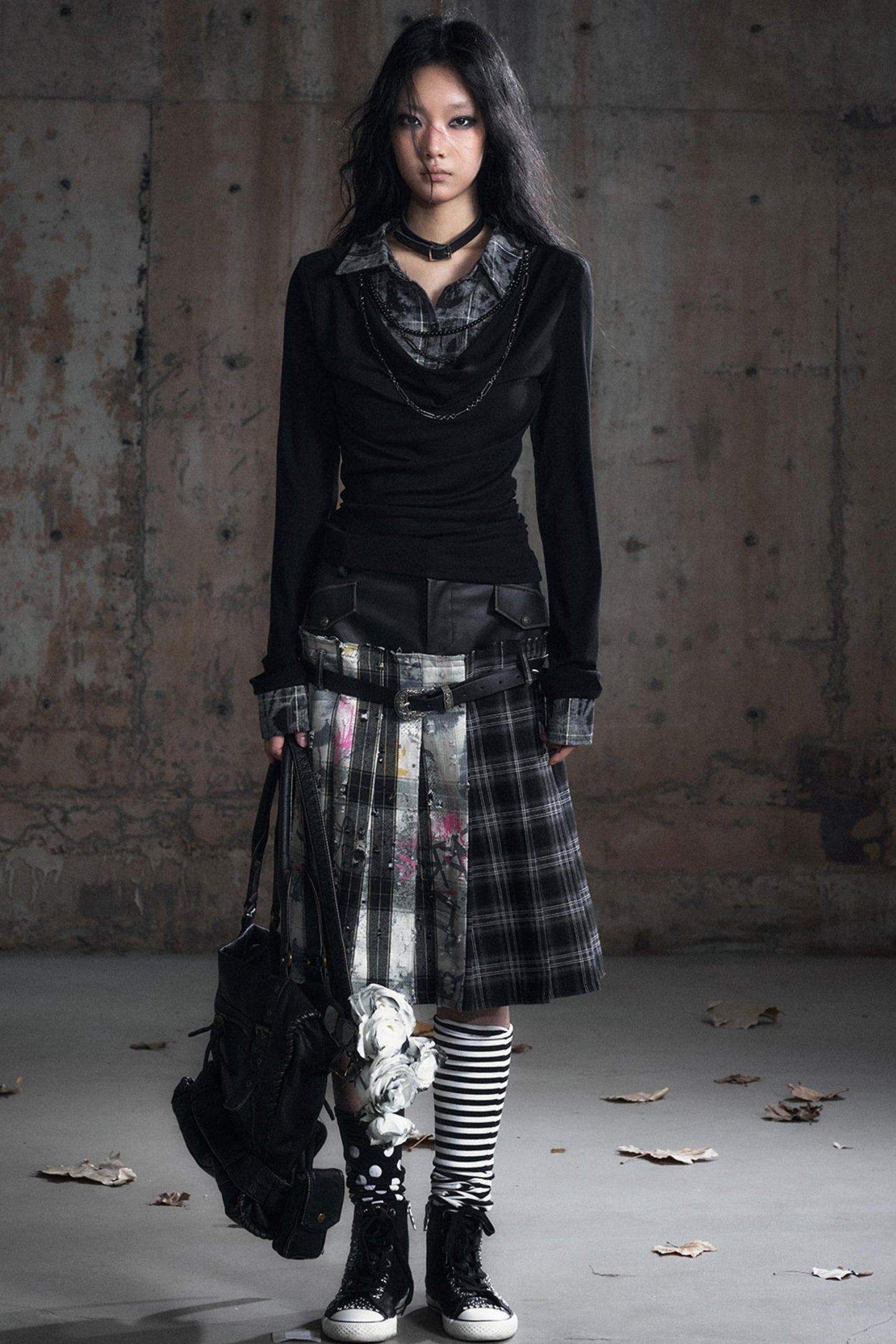 Leather Waist Plaid Pleated Skirt