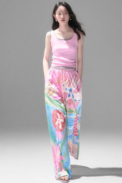 Bird and Floral Wide-Leg Pants