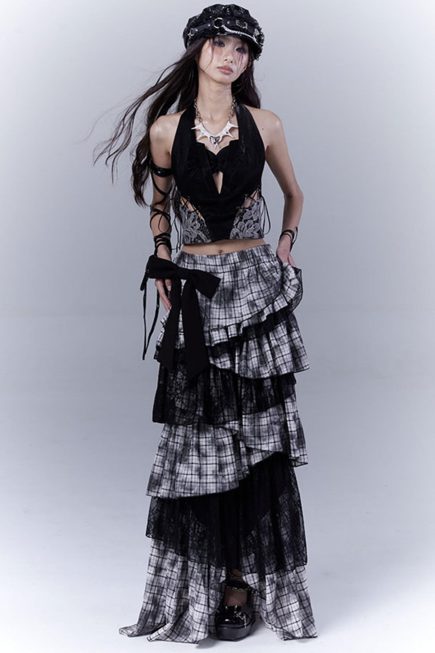 Wilderness Lace-Trimmed Plaid Bustier Skirt