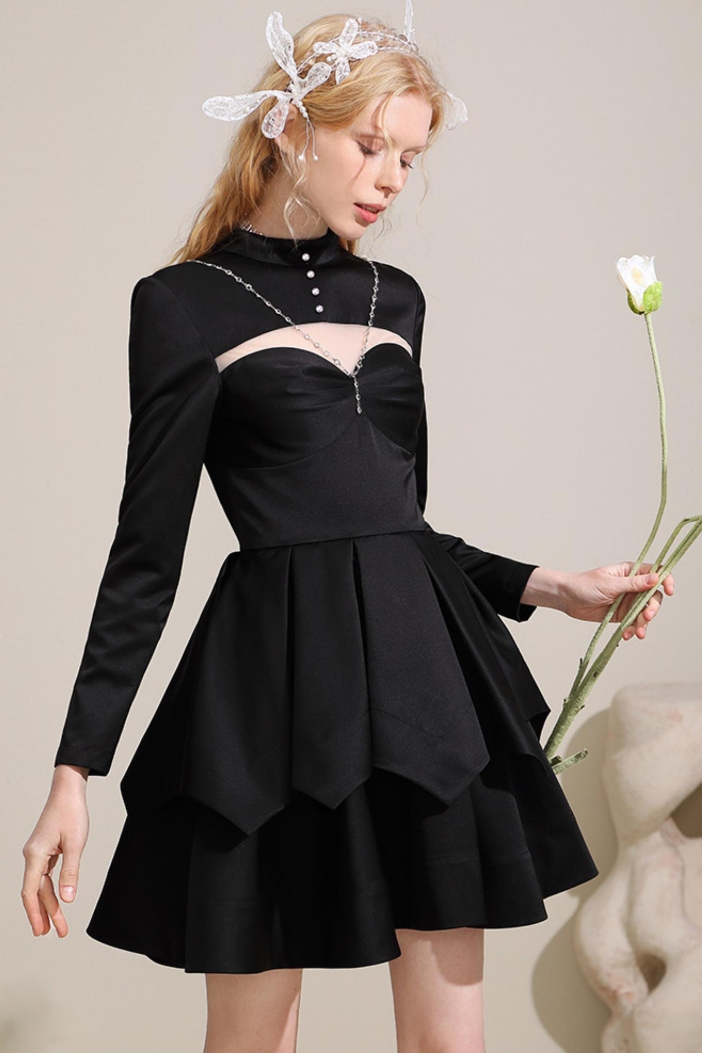 French Hollow Waist Little Black Dress