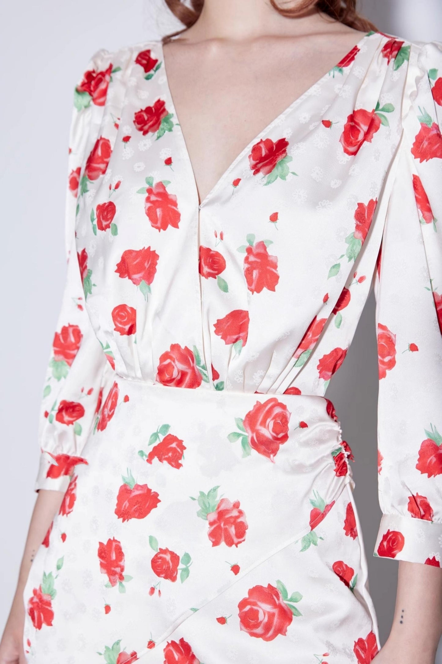 Satin Rose Jacquard V-Neck Dress