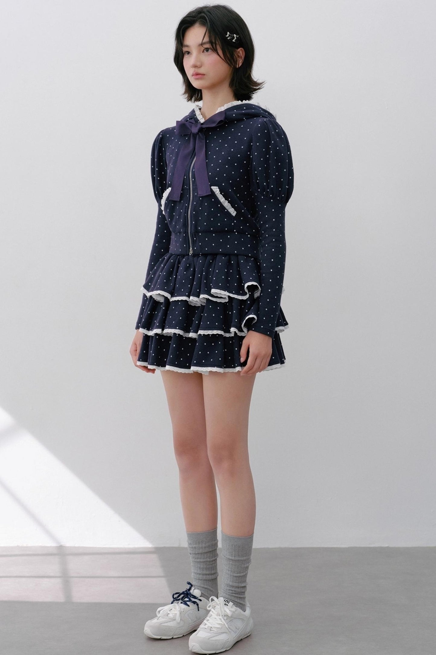 Navy Polka Dot Hooded Tracksuit Set-Up