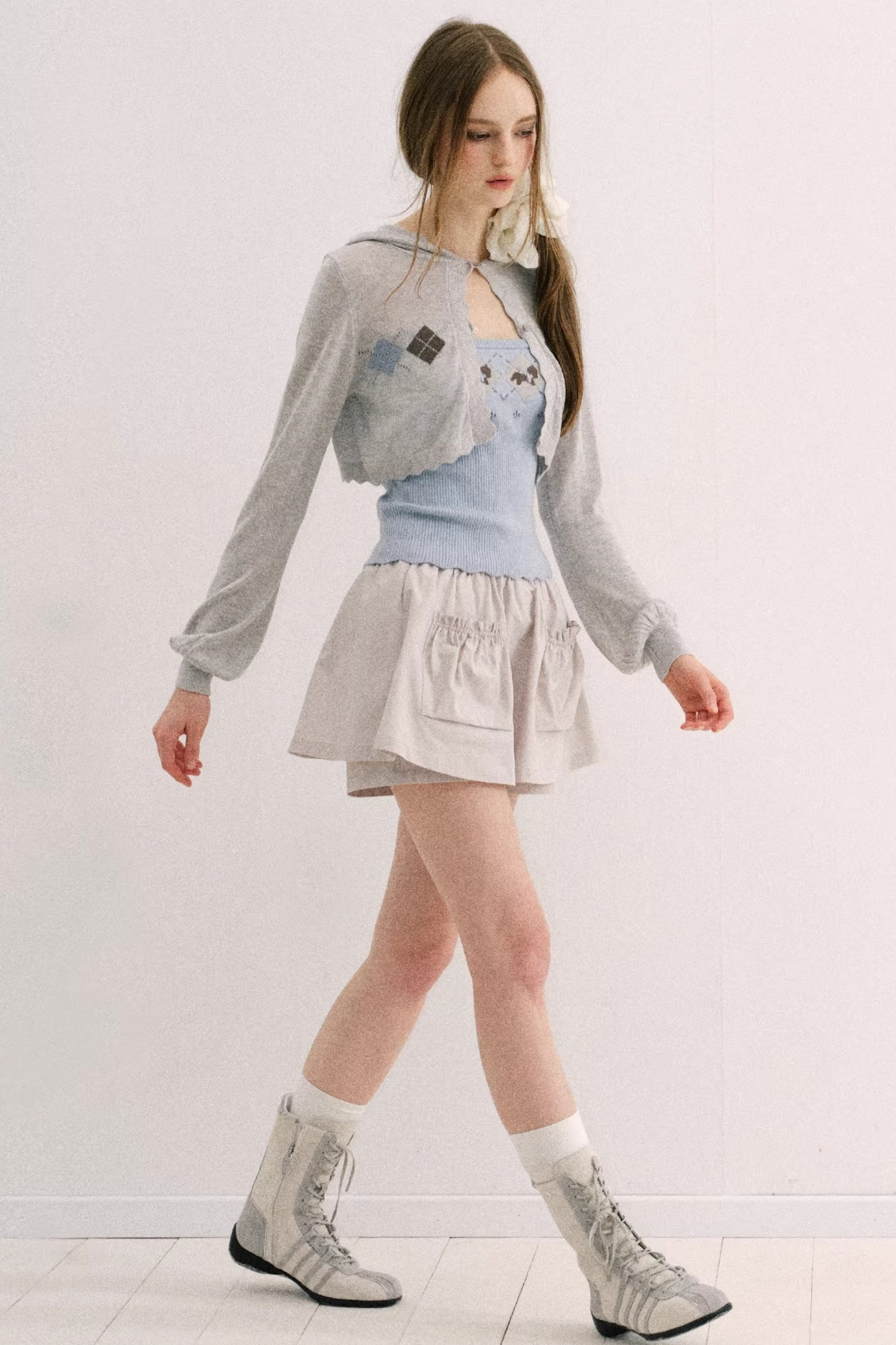 Yellow-Blue Diamond Hooded Cardigan Set-Up