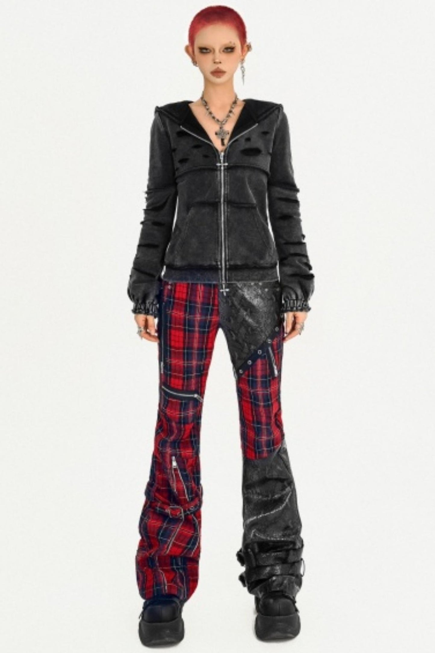 Plaid Patchwork Leather Pants