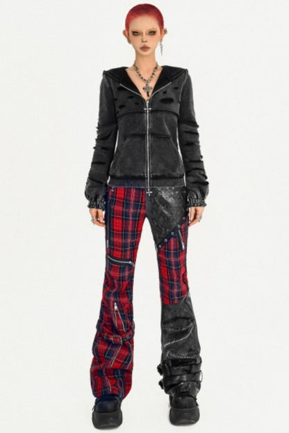 Plaid Patchwork Leather Pants