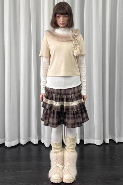 Beige Fur Collar Layered Top