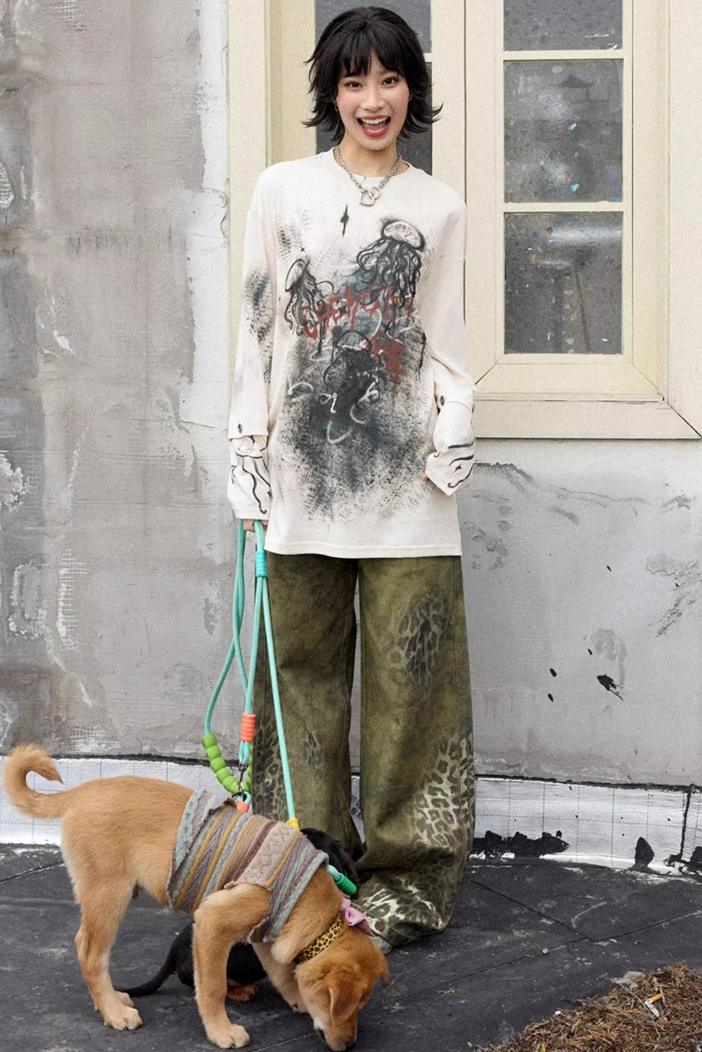 Cotton Washed Leopard Print Denim Pants