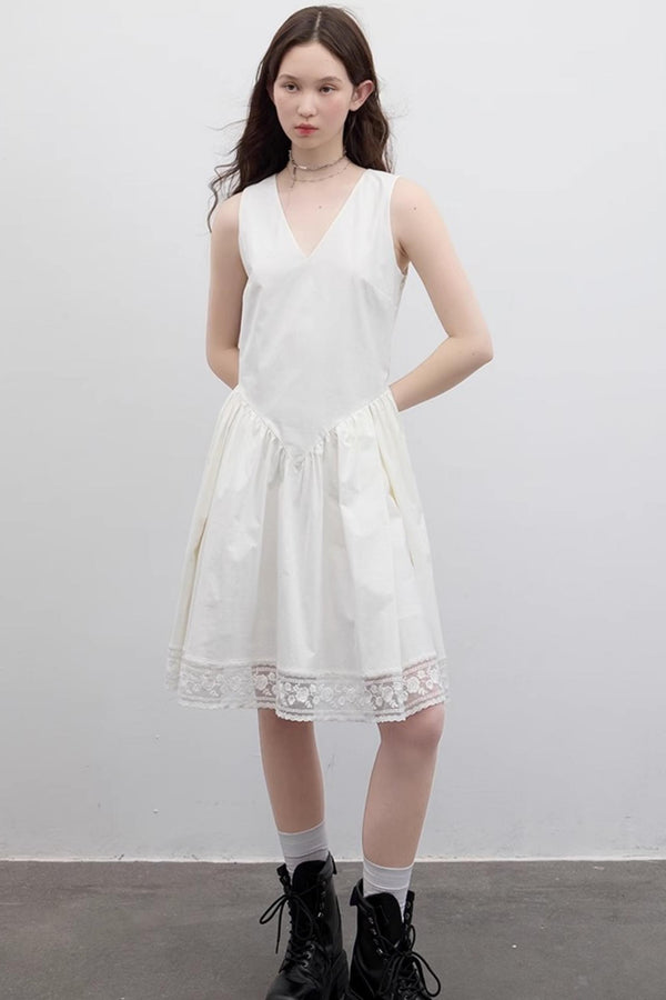 White Pleated V-Neck Dress