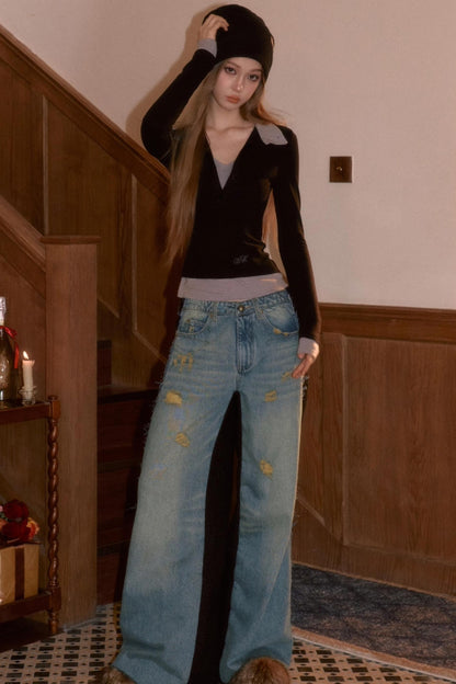 Frayed Hem Patchwork Jeans