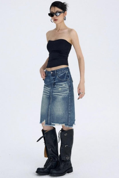 Retro Blue Distressed Denim Skirt