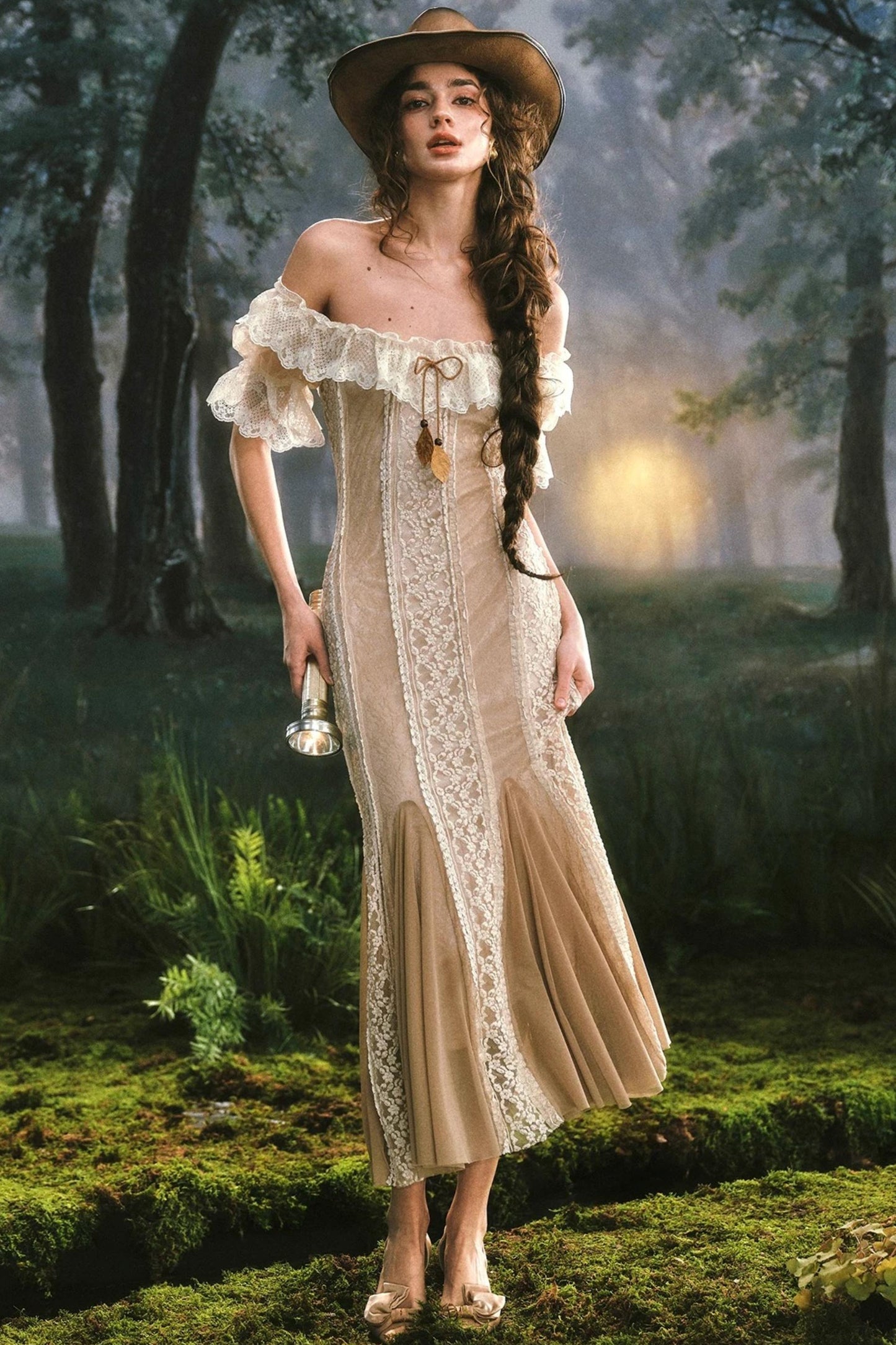 French Countryside Lace One-Shoulder Dress